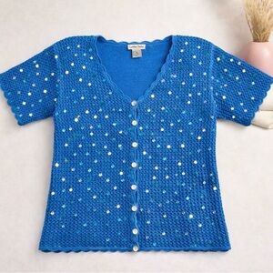 Cynthia Taylor Womens Short Sleeve Button Up Sequin Blue Sweater Size Medium